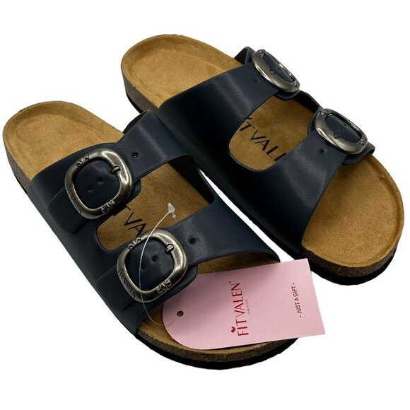 Fitvalen Women Size 7 Achim Navy Flat Cork Foot Twin Buckle Slide Sandal‎ NEW - Picture 6 of 10